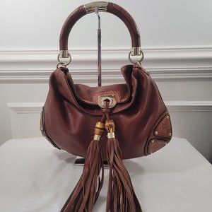 Gucci Brown Leather Large Babouska Bamboo Indy Hobo Bag